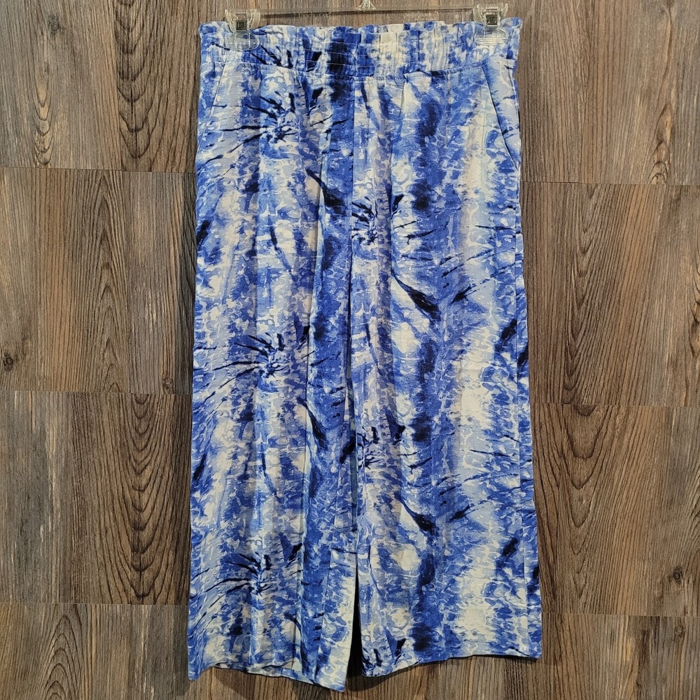 Caribbean Joe Linen Blend Pants Size M Blue Tie-Dye Abstract Beach Resort Boho